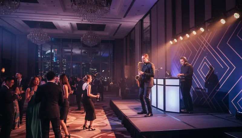 DJ and a live saxophonist performing together on a small stage at an evening event in Singapore