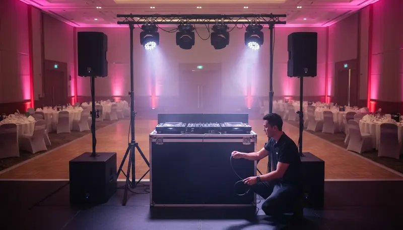 DJ booth with tall speakers, a subwoofer and moving head lights set up beside a dance floor in a Singapore ballroom