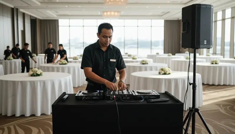 DJ connecting a mixer and wireless microphones at a booth before a wedding banquet in Singapore
