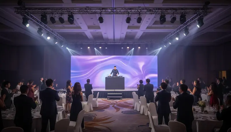 DJ on stage at a company dinner and dance in a large Singapore hotel ballroom with guests at round tables