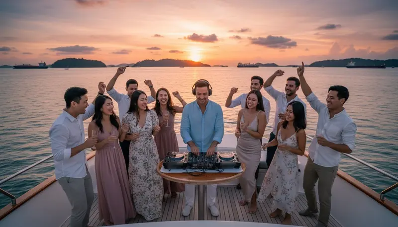 DJ playing at a birthday party on the deck of a yacht at sunset off Singapore
