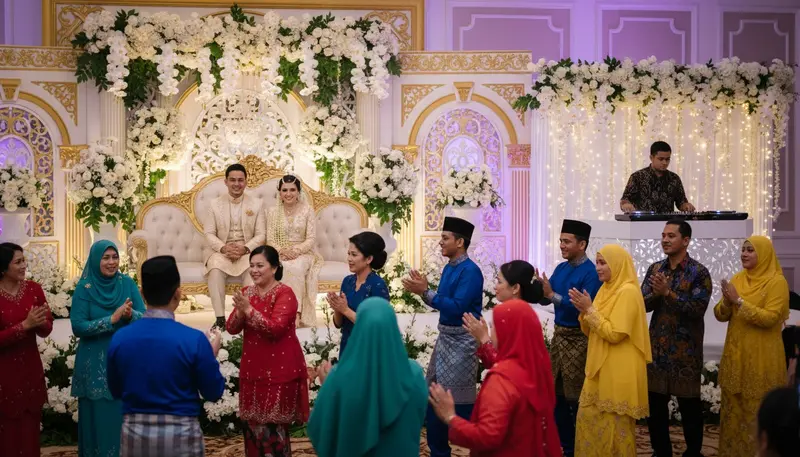 DJ playing at a Malay wedding reception in Singapore with guests in traditional dress dancing