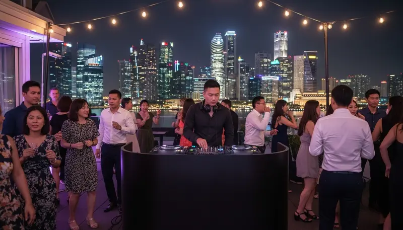 DJ playing at a rooftop party in Singapore at night with guests dancing and the Marina Bay skyline behind