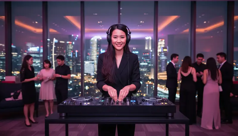 Female DJ in Singapore with headphones mixing at a DJ booth at an evening event