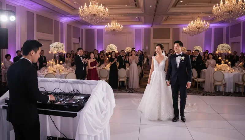Wedding DJ at a booth beside the dance floor at a hotel ballroom wedding banquet in Singapore